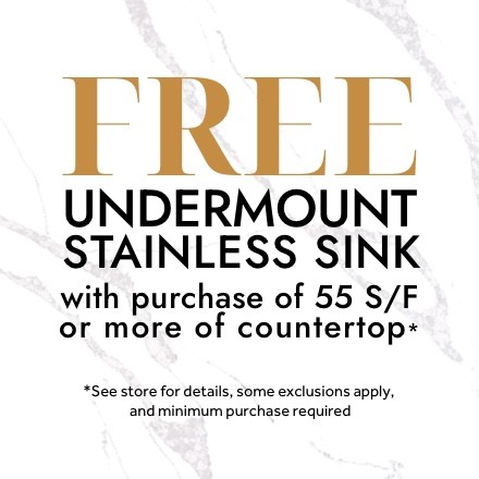 Free Undermount Stainless Steel Sink with purchase of 55 s/f or more of countertop | Stonemeyer Granite. See store for details.