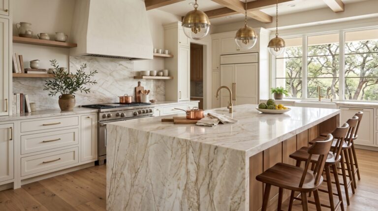 Taj Mahal Quartzite countertop in luxury Argyle TX kitchen by Stonemeyer Granite.